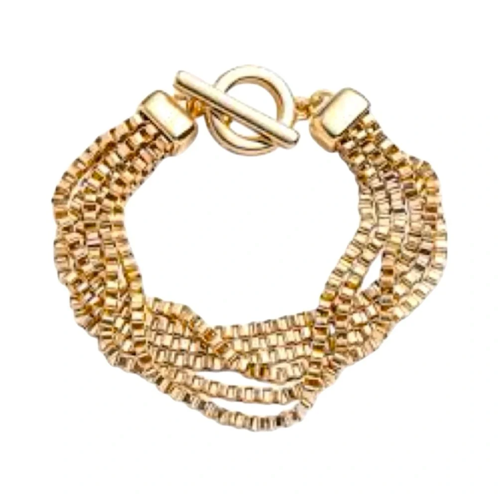 NWT Anne Klein Gold-Tone Multi-Row Chain Toggle Bracelet In Metallic Gold - Picture 1 of 8